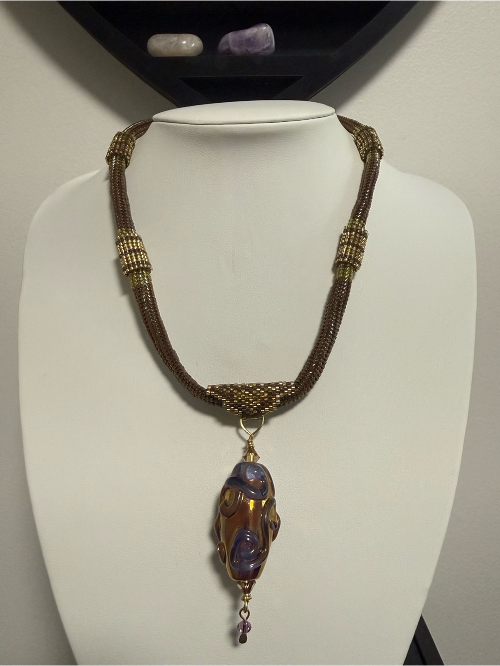 Brown and Gold Beaded Necklace with Glass Pendant